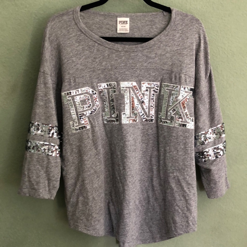 PINK 3/4 inch Embellished Sleeve Tee Shirt